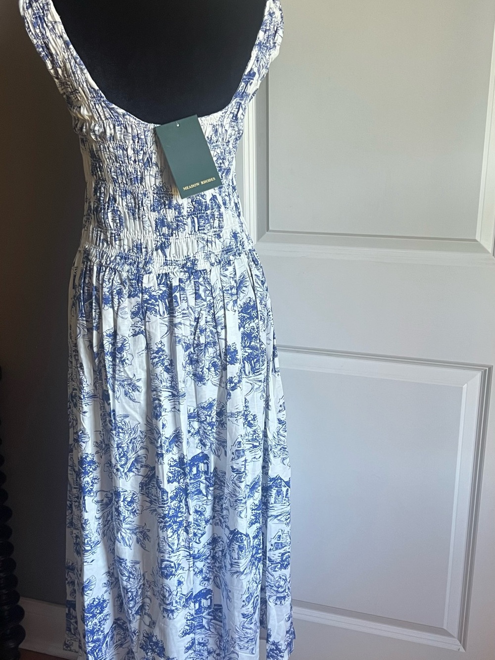 White and Blue Toile Maxi Dress - Smocked Bodice - Picture 3 of 6